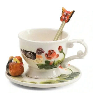 Corner Ruby Mandarin Teacup, Saucer & Butterfly Spoon Botanical Collection New